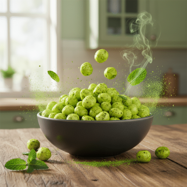Studio shot of Pudina Makhana snack pack with green herbal accents and roasted makhana balls