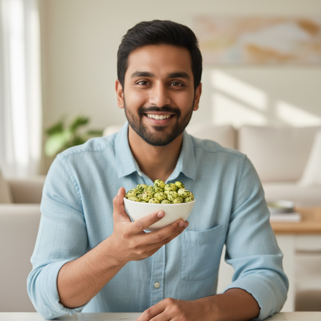 Lifestyle photo of Indian man enjoying Cream & Onion Makhana in a bright casual setup