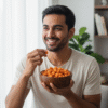 Lifestyle image of Indian man smiling while holding a bowl of Tangy Tomato Makhana