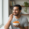 Lifestyle photo of young Indian man eating Peri-Peri Makhana, showcasing spicy healthy snacking