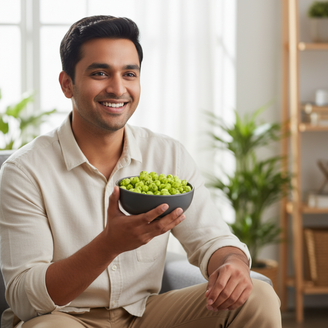 Lifestyle photo of Indian man enjoying Pudina Makhana bowl in natural daylight