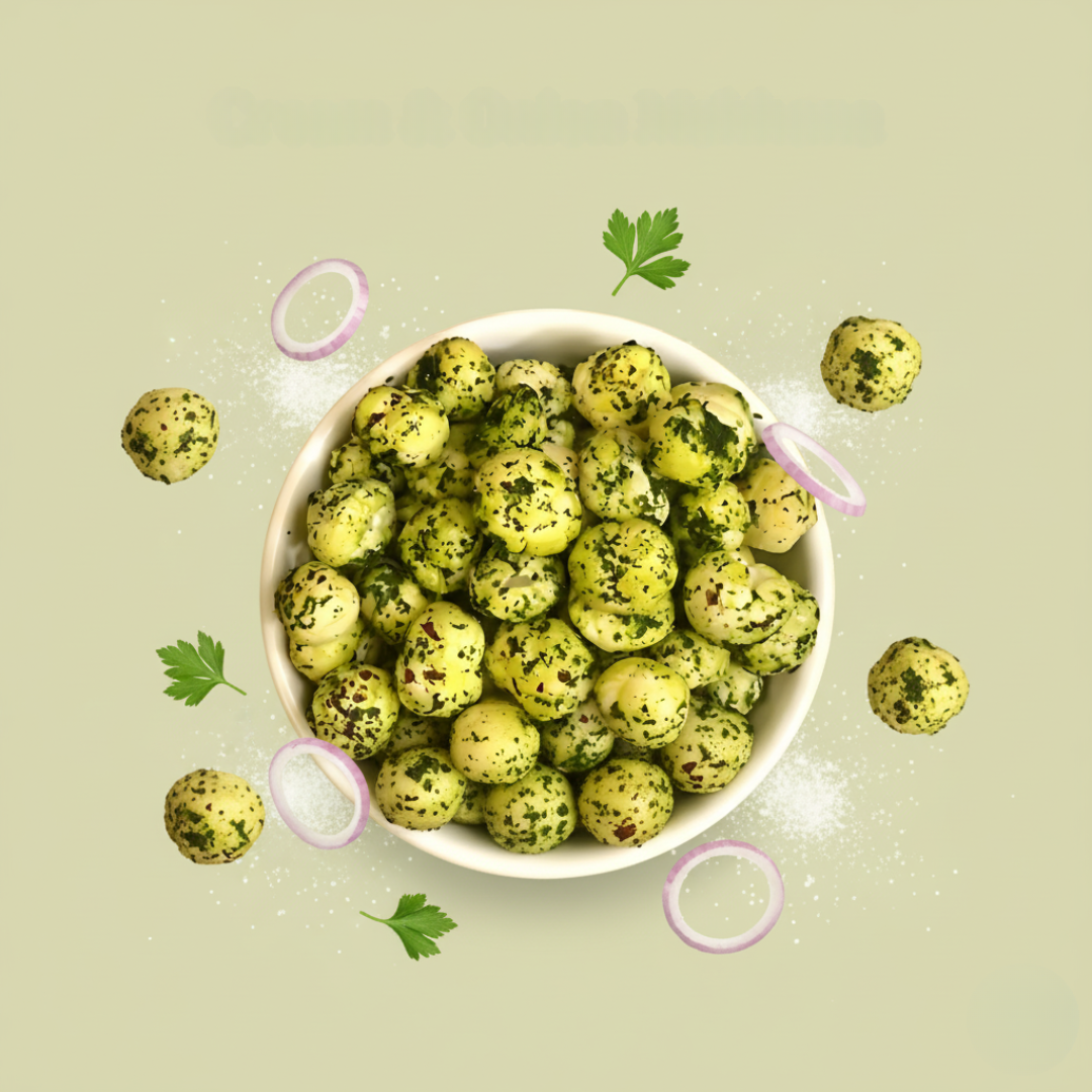 Cream & Onion Makhana product photo with floating onion rings and creamy accents