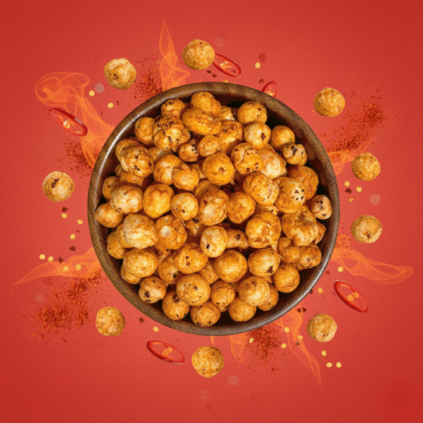 Fiery Peri-Peri Makhana product photo with floating chili and spice dust