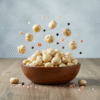 Studio product shot of Makhana snack pack with subtle pepper and salt grains