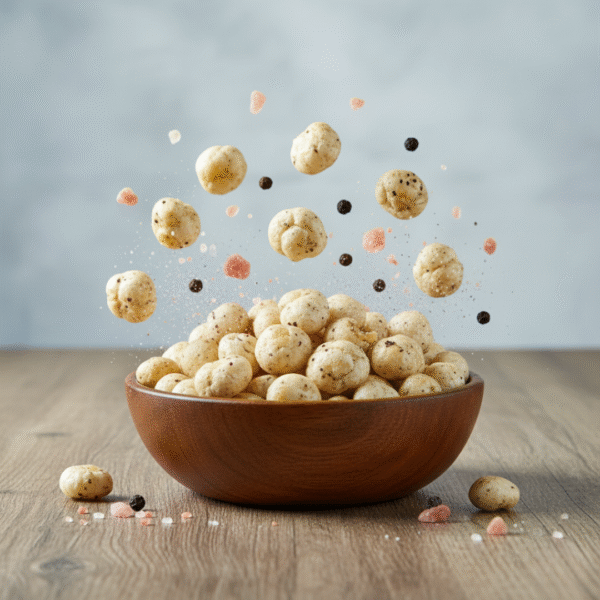 Studio product shot of Makhana snack pack with subtle pepper and salt grains