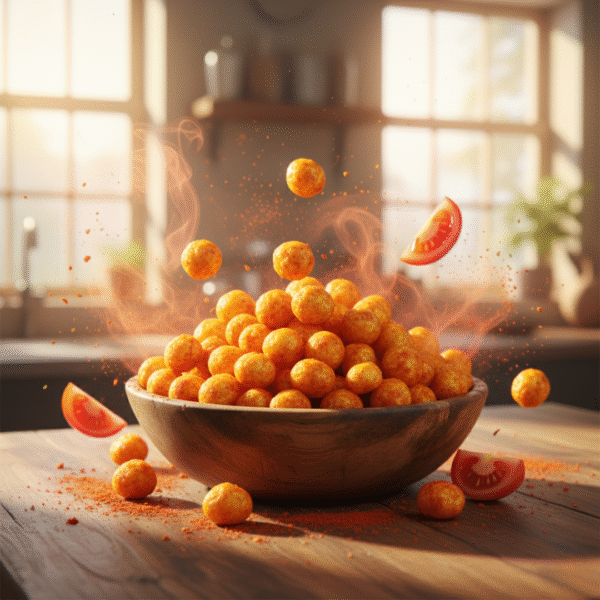 Studio packshot of Tangy Tomato Makhana with zesty red-orange background