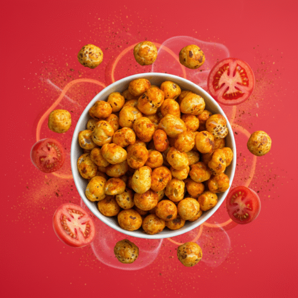 Studio packshot of Tangy Tomato Makhana with zesty red-orange background
