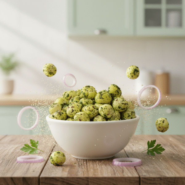 Studio shot of Cream & Onion Makhana snack pack with roasted makhana balls