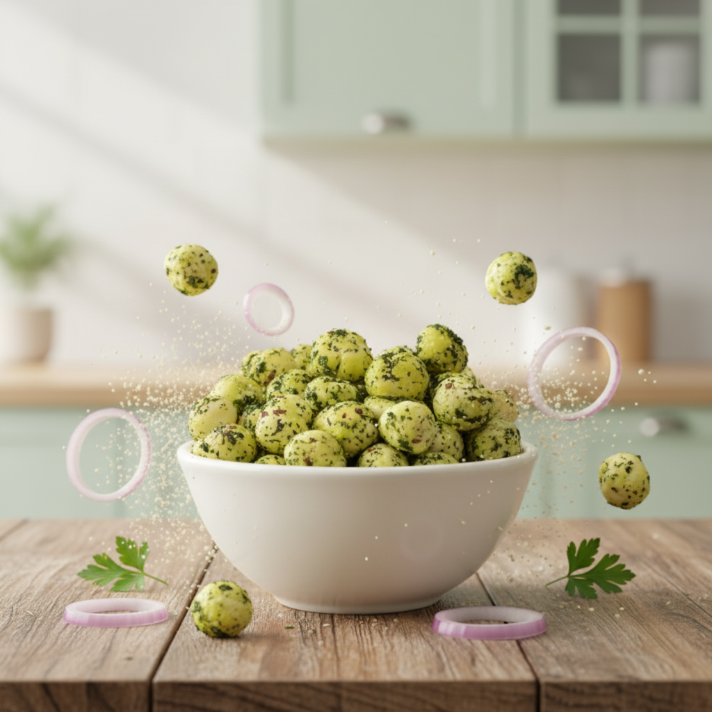 Studio shot of Cream & Onion Makhana snack pack with roasted makhana balls