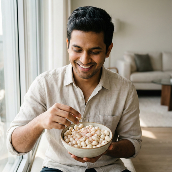 A person enjoying Himalayan salted makhana as a light and healthy everyday snack indoors