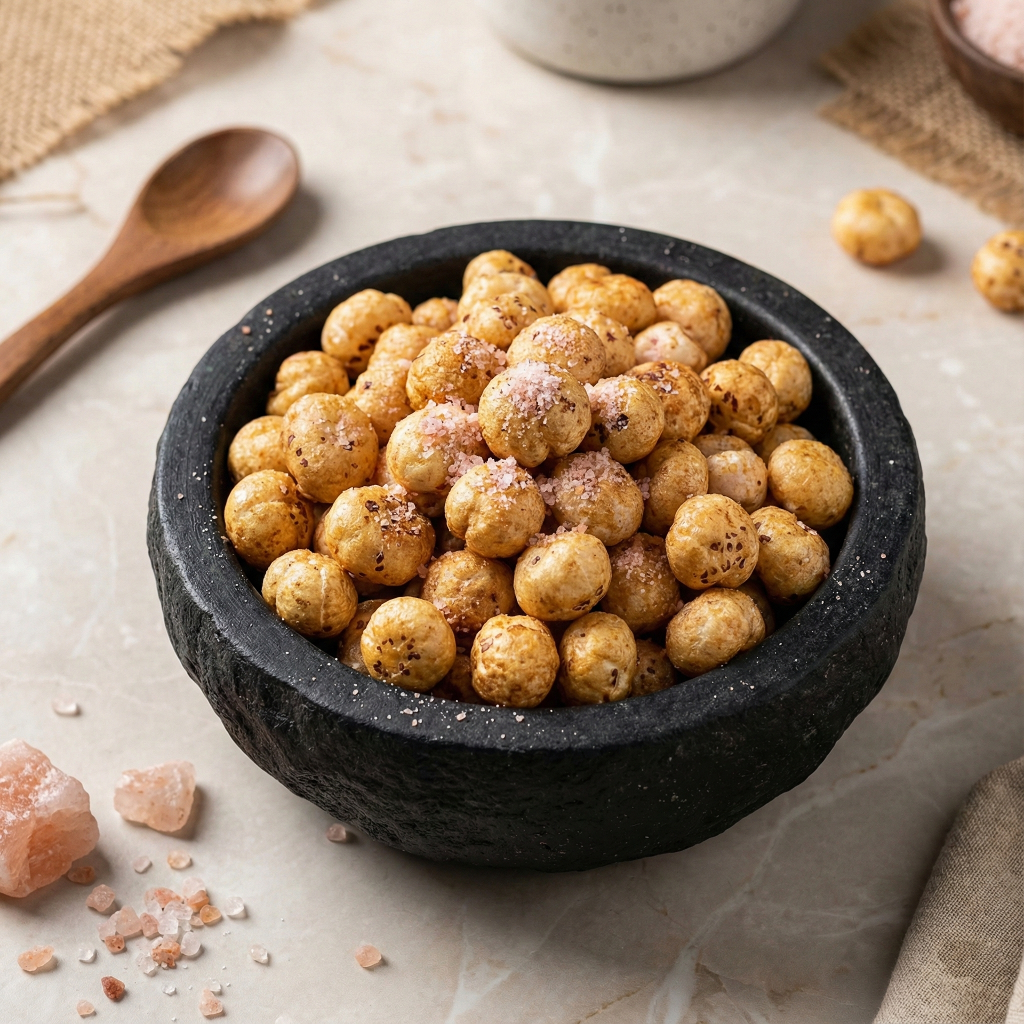 A bowl of Himalayan salted makhana lightly seasoned with pink salt, presented on a clean wooden surface for a natural, healthy look