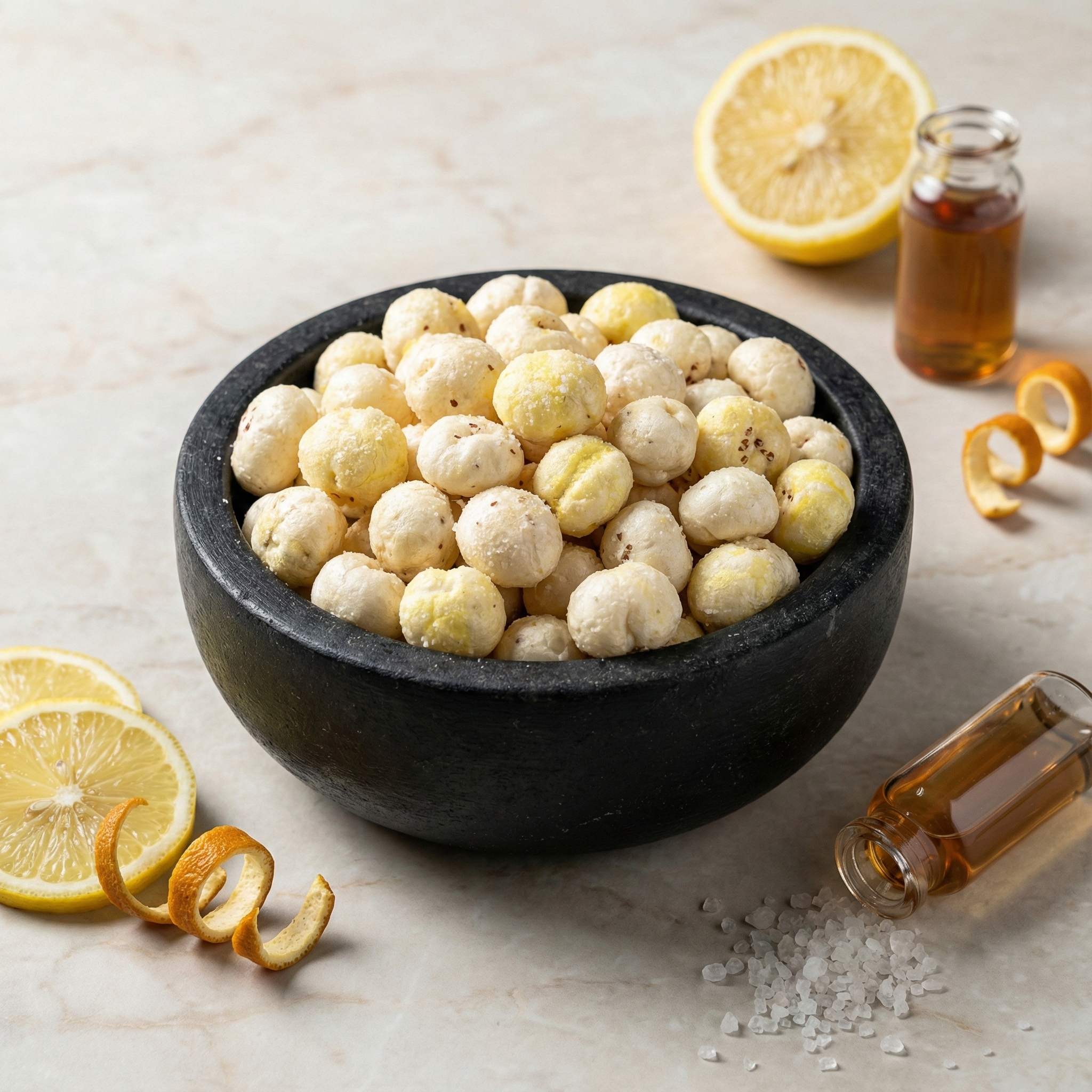 A bowl of salt and vinegar flavoured makhana with a light tangy coating, styled on a clean surface for a fresh snack look