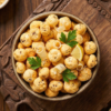 Top view of cheese flavoured makhana in a bowl, highlighting the creamy seasoning and evenly roasted texture