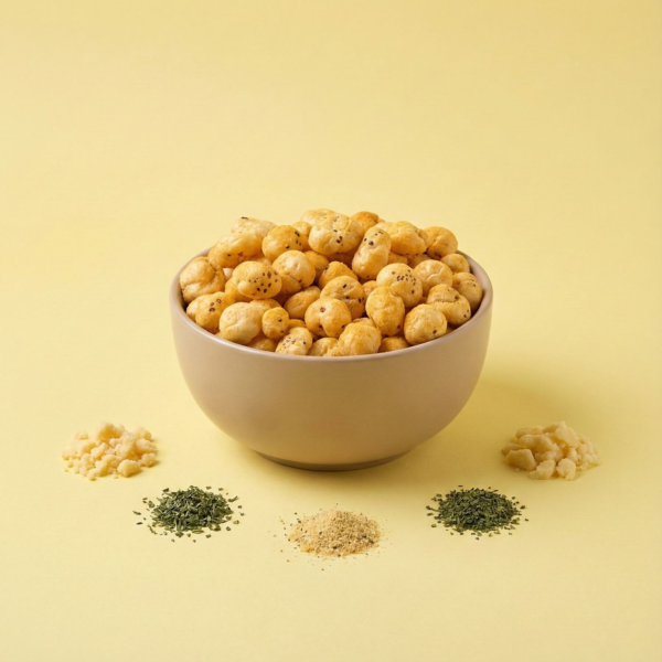 Top view of cheese makhana arranged neatly on a light background, showcasing its rich cheesy coating