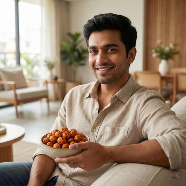 A person enjoying barbecue-flavored makhana as a crunchy, spicy snack in a comfortable indoor setting