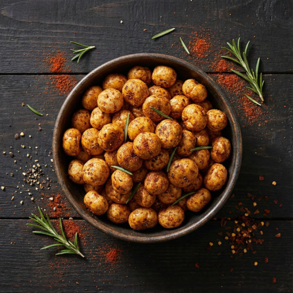 Top view of barbecue-flavored makhana in a bowl, garnished with paprika and herbs for a bold, savoury look