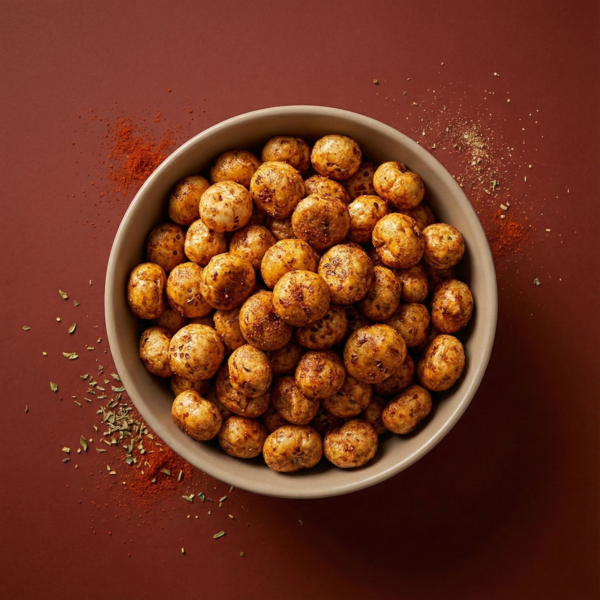 Top view of barbecue makhana arranged neatly on a warm-toned background, highlighting its smoky seasoning