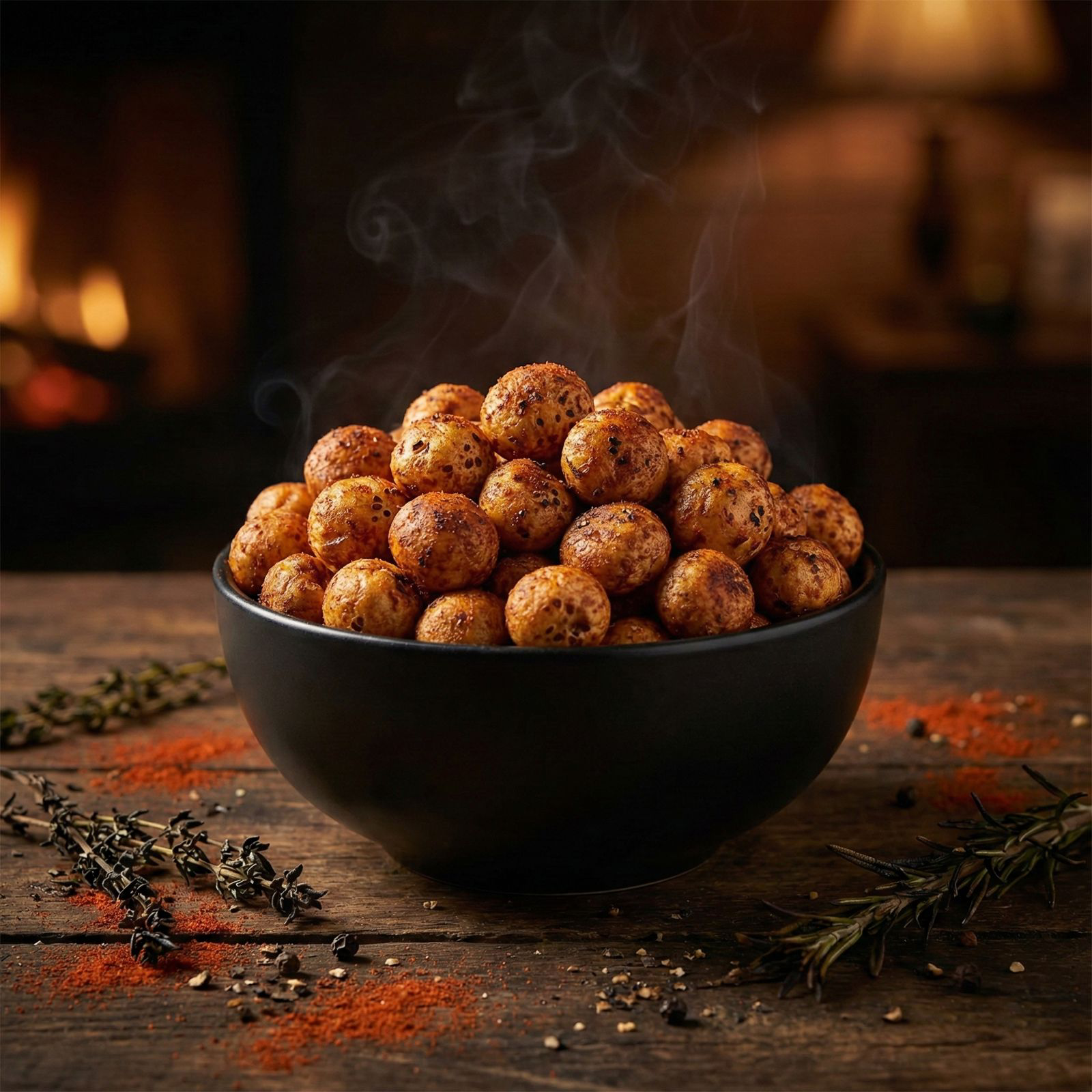 A bowl of crunchy barbecue-flavored makhana coated with smoky spices, styled on a wooden surface for a premium snack look