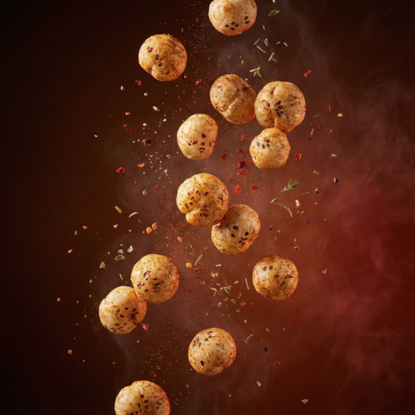 Floating barbecue makhana pieces showing rich smoky seasoning and bold flavour texture against a dark background