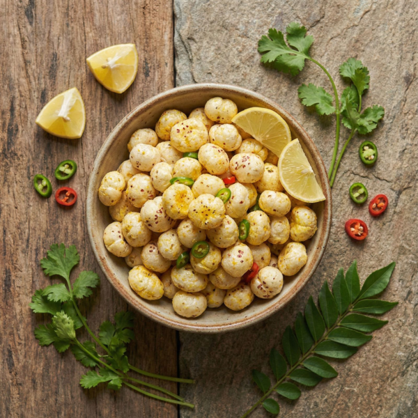 Top view of lemon chilli flavoured makhana in a bowl, highlighting the bright seasoning and crisp texture