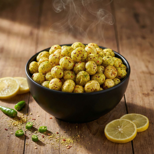 A bowl of lemon chilli flavoured makhana with a tangy and spicy coating, styled on a clean surface for a fresh snack look