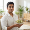 A person enjoying mint and moringa makhana as a refreshing and healthy snack indoors