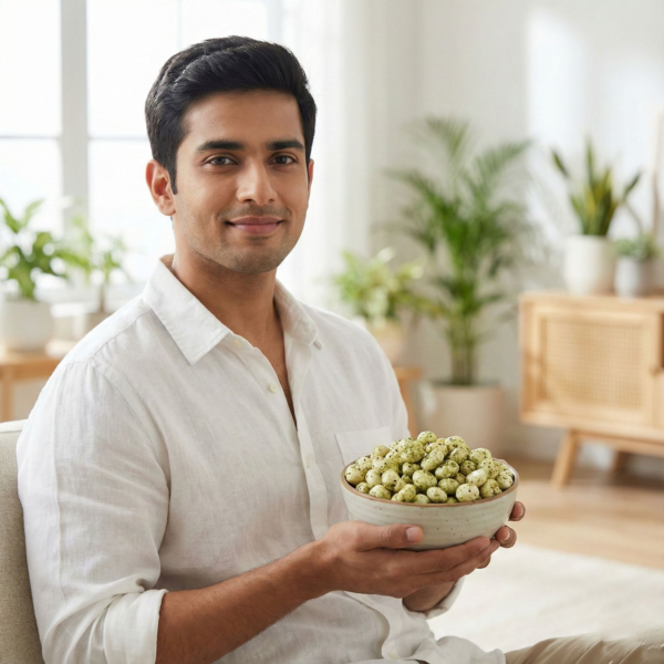 A person enjoying mint and moringa makhana as a refreshing and healthy snack indoors