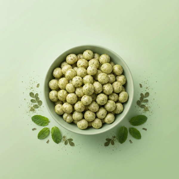 Top view of mint and moringa makhana arranged neatly on a soft green background, showing its natural and herbal appearance