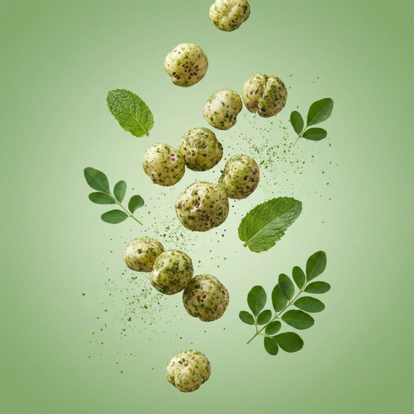 Floating mint and moringa makhana showing its light texture and green herbal coating against a soft background