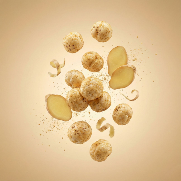 Floating ginger makhana showing its crunchy texture and light ginger seasoning against a soft background