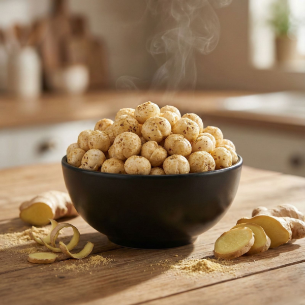 Top view of ginger makhana arranged neatly on a neutral background, showing its clean and simple seasoning