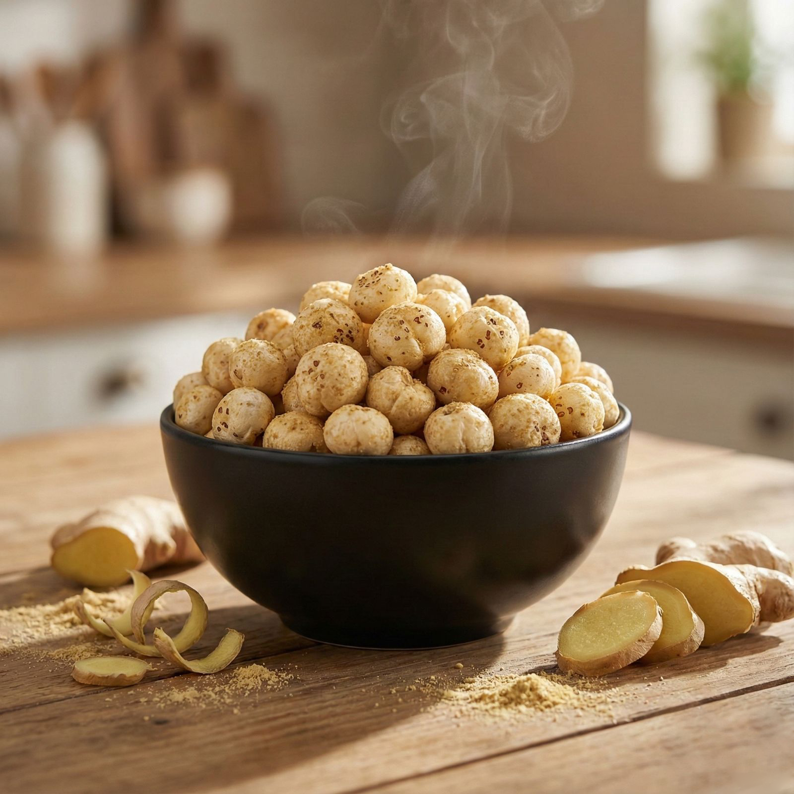 Top view of ginger makhana arranged neatly on a neutral background, showing its clean and simple seasoning