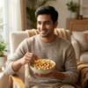 A person enjoying ginger flavoured makhana as a light and comforting snack indoors