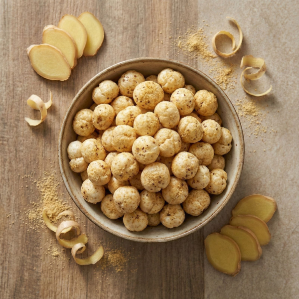 Top view of ginger flavoured makhana in a bowl, highlighting its natural colour and gentle spice coating