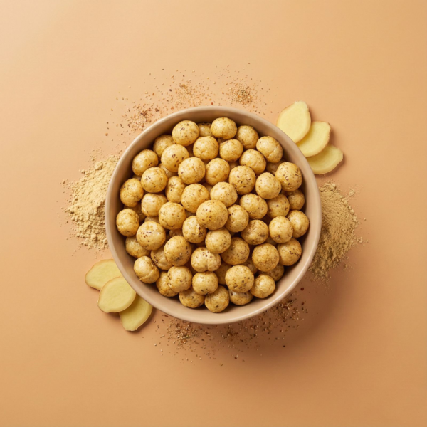 A bowl of ginger flavoured makhana coated with warm spice seasoning, styled on a clean surface for a healthy snack look