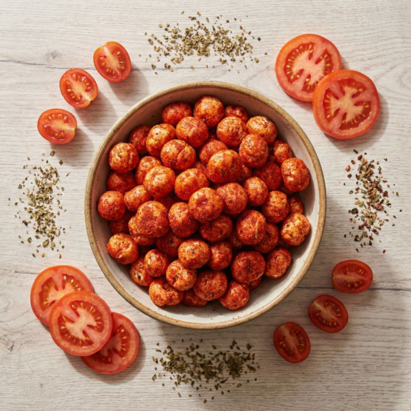 Top view of ketchup flavoured makhana in a bowl, highlighting its bright seasoning and crispy texture
