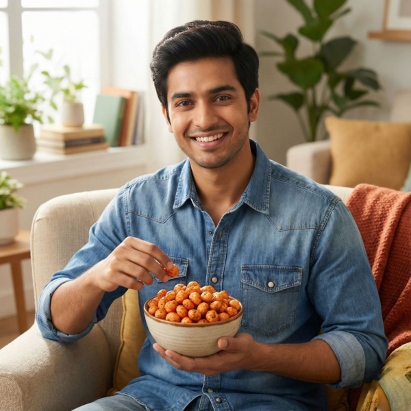 A person enjoying ketchup flavoured makhana as a fun and tangy snack indoors