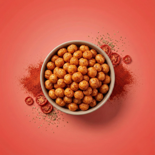 Top view of ketchup makhana arranged neatly on a warm-toned background, showing its tangy tomato appearance