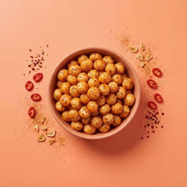 Top view of Thai sweet chilli makhana arranged neatly on a warm-toned background, showing its rich seasoning