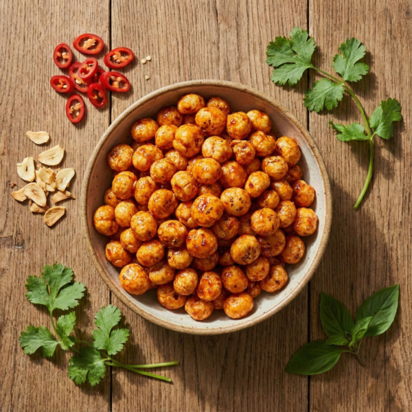 Top view of Thai sweet chilli flavoured makhana in a bowl, highlighting its vibrant colour and seasoned surface