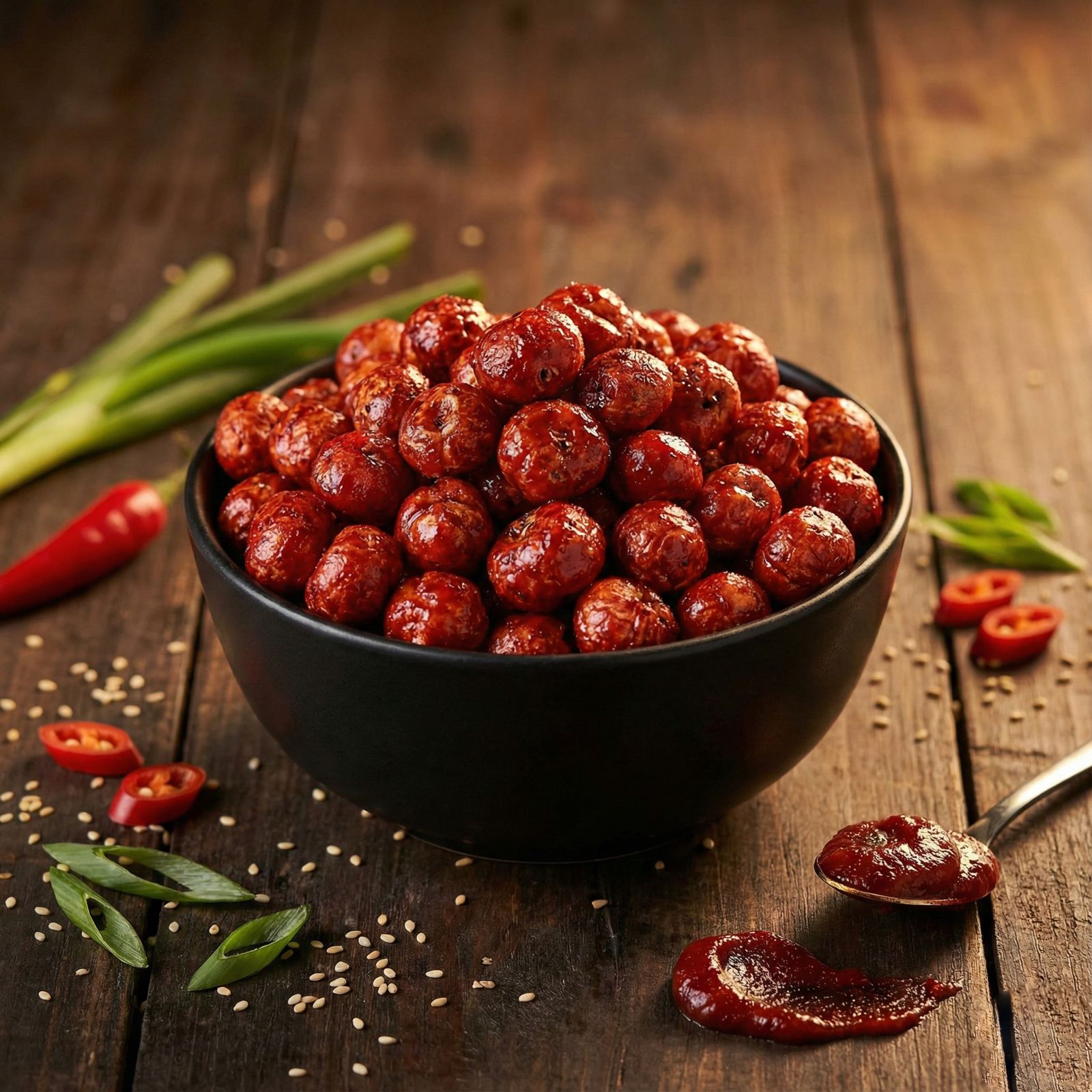 A bowl of gochujang flavoured makhana coated with a rich, spicy Korean-style seasoning, styled for a bold snack look