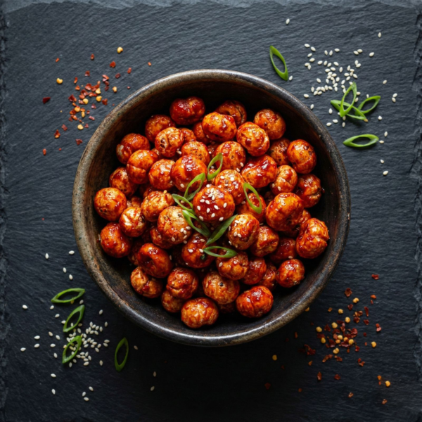 Top view of gochujang flavoured makhana in a bowl, highlighting its vibrant colour and seasoned surface