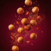 Floating gochujang makhana showing its crunchy texture and deep red spice coating against a soft background