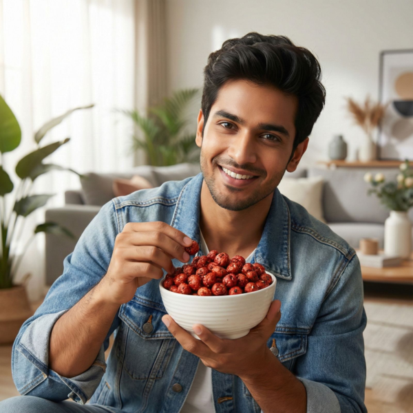 A person enjoying gochujang flavoured makhana as a spicy and flavourful snack indoors