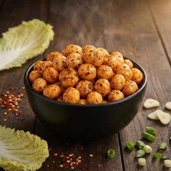 A bowl of kimchi flavoured makhana coated with a tangy, spicy seasoning inspired by Korean flavours, styled for a bold snack look