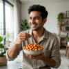 A person enjoying kimchi flavoured makhana as a spicy and tangy snack indoors