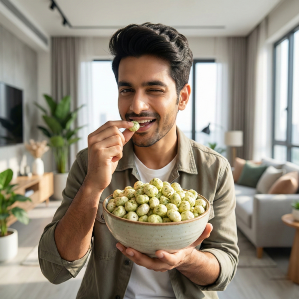 A person enjoying wasabi flavoured makhana as a bold and spicy snack indoors