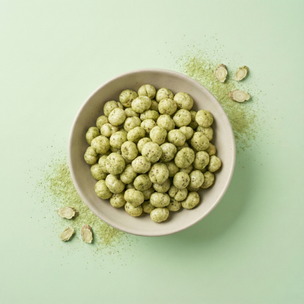 Top view of wasabi makhana arranged neatly on a light green background, showing its fresh wasabi coating
