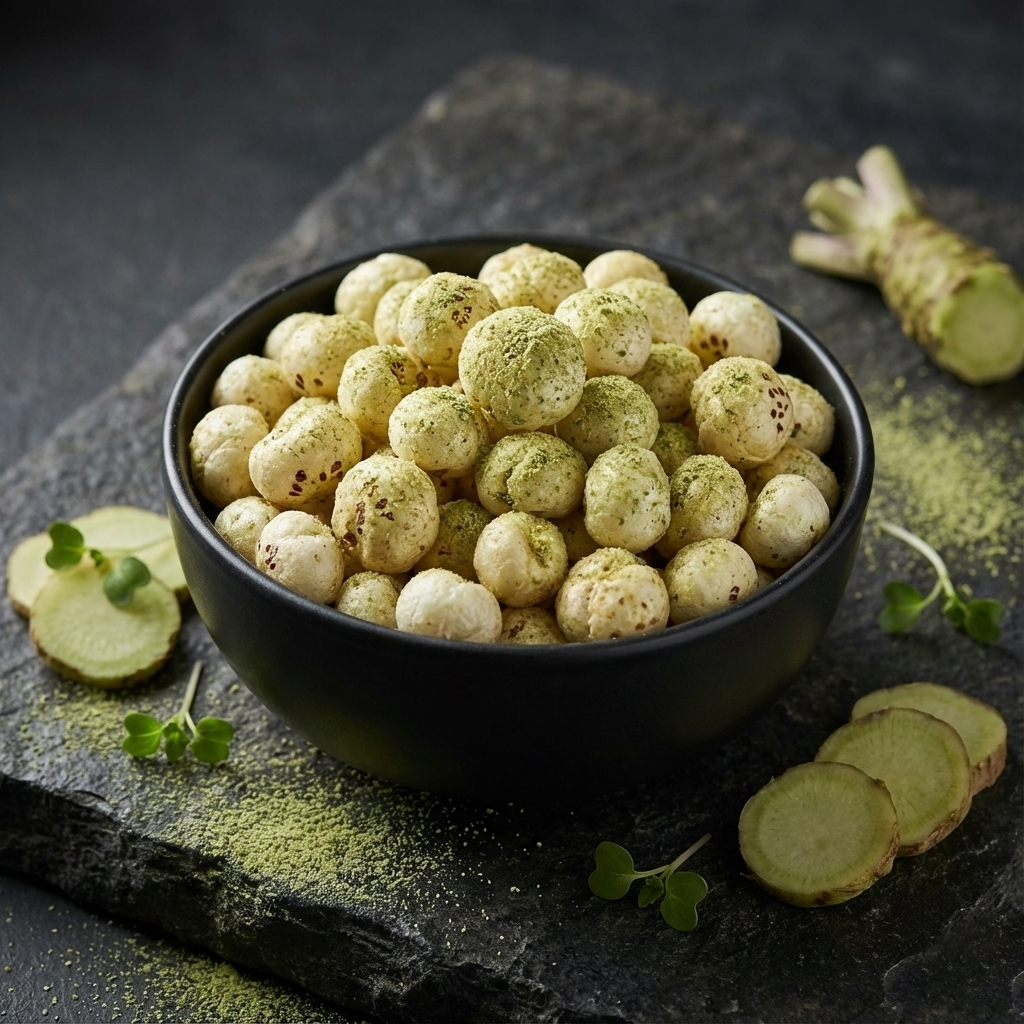 A bowl of wasabi flavoured makhana coated with a light green seasoning, styled for a bold and modern snack look