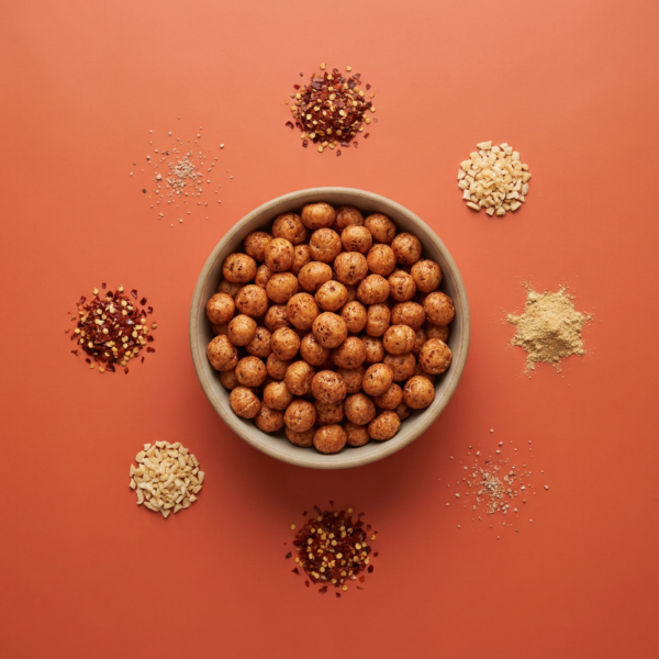 Top view of momo chutney makhana arranged neatly on a warm red background, showing its spicy chutney-style coating